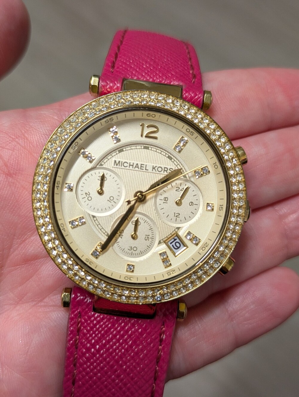 Michael Kors Gold Crystal Bezel Watch with Fuchsia Leather Strap